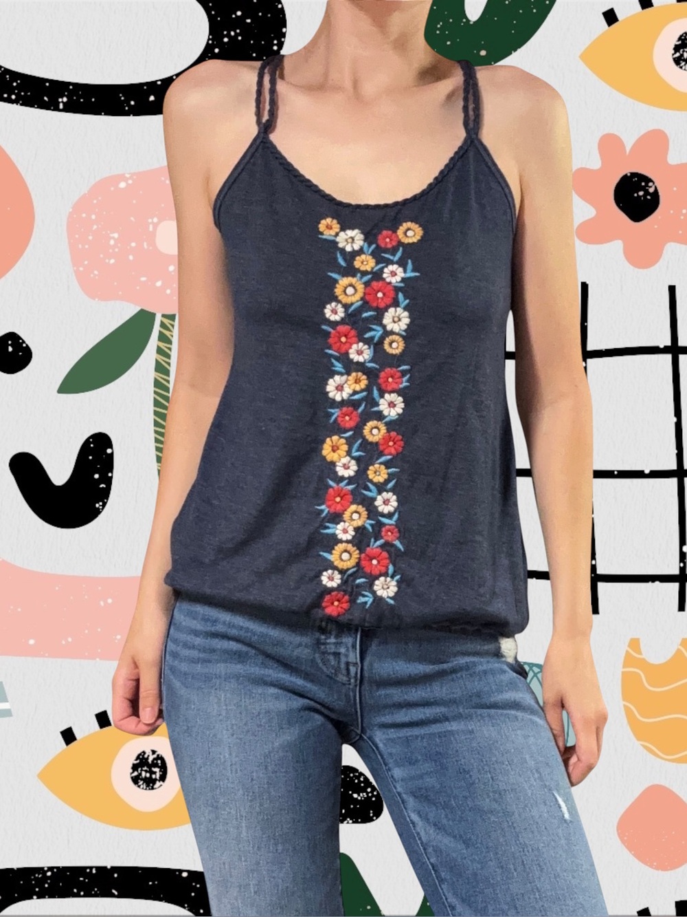 Hollister | Navy Blue Floral Embroidered Strappy Elastic Hem Tank Top